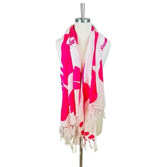 HOT PINK AND WHITE‎ FLORAL HIBISCUS SCARF TASSELS 60x48 - Picture 4 of 4